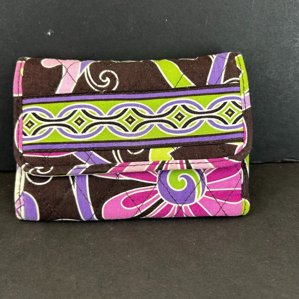 Vera Bradley Purple Punch Trifold Wallet Pink Purple Lime Green Brown Background